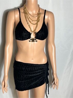 MICAS Black Crinkle Bikini Set With Ruched Mini Cover Up Skirt Size S